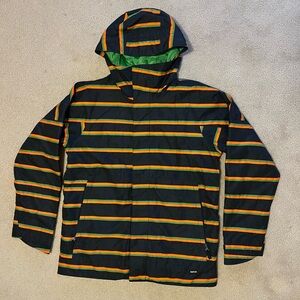 Burton Snowboard Jacket Medium Black Green Orange Striped Hooded Winter Coat